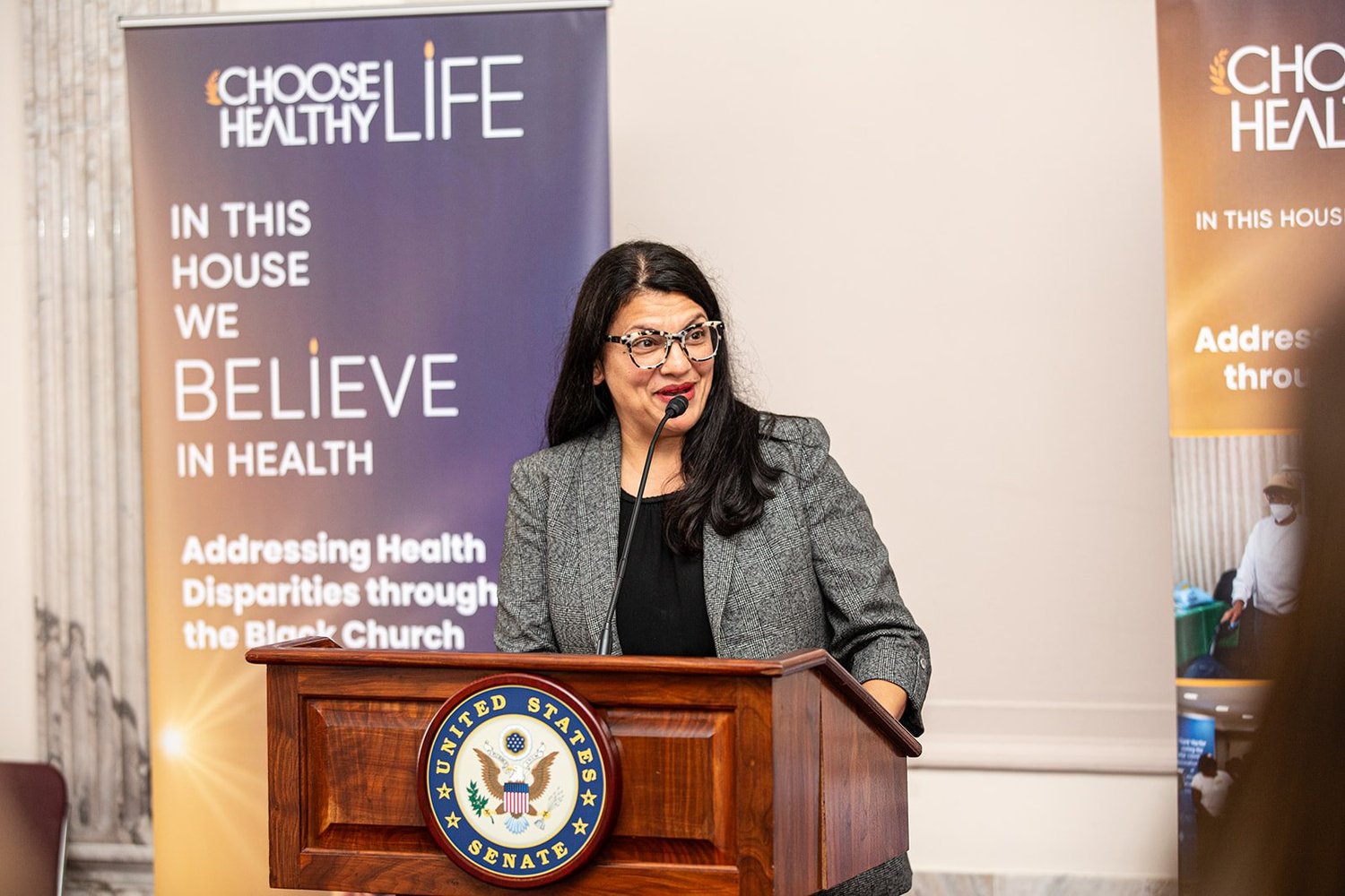Rep. Rashida Tlaib (MI) speaks to the audience about the Treat and Reduce Obesity Act (TROA) and Reform for the 340b Drug Pricing Program