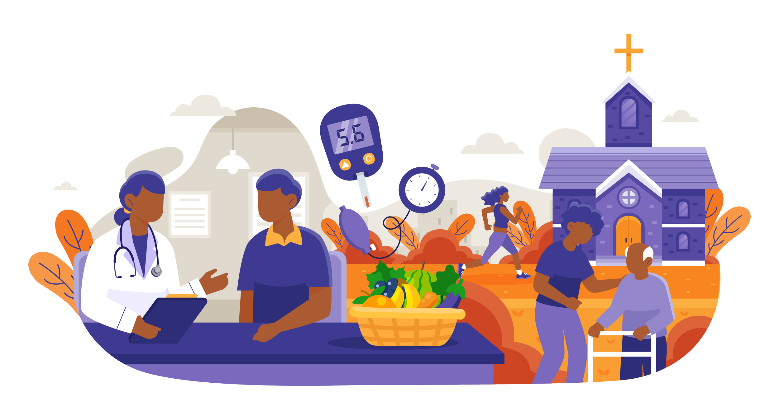 Illustration of church-centered diabetes care: a health worker consulting a patient, a glucose meter, fresh produce, a walker exercising, and a family outside a church