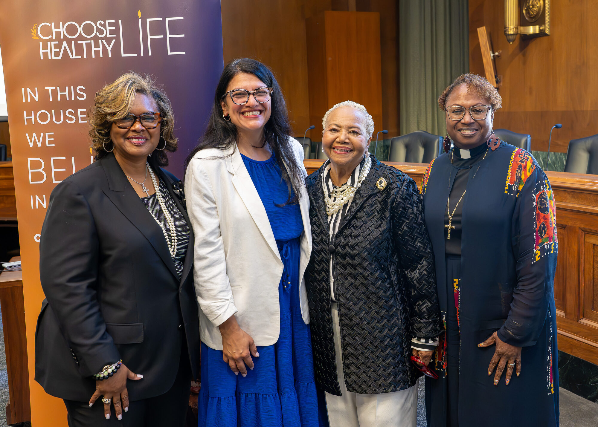 Rep. Rashida Tlaib with Rev. Kimberly L. Williams, Debra Fraser-Howze, and CHL Detroit Clergy Rev. Joelynn Stokes