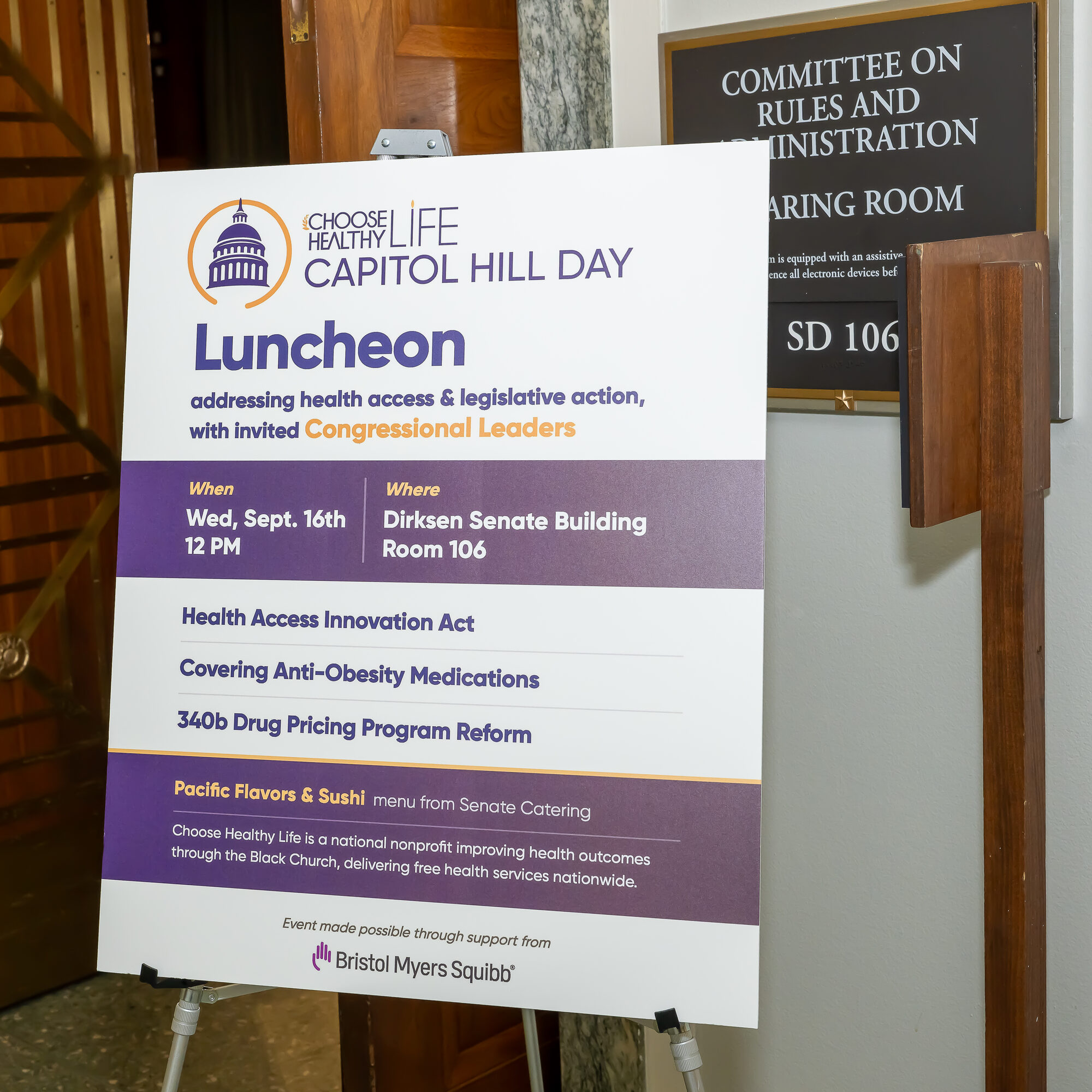 Capitol Hill Day 2026 program signage in the Dirksen Senate Office Building